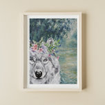 Monet Morning Seine and Gray Wolf Poster<br><div class="desc">Beautiful and artistic compilation features Claude Monet's Morning on the Seine as background with portrait of gray wolf with watercolor floral crown overlay.</div>