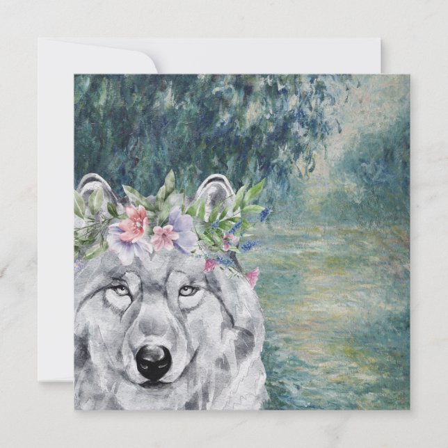 Monet Morning Seine and Grey Wolf Greeting Card (Front)