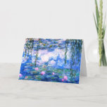 Monet Pink Water Lilies Greeting Card<br><div class="desc">A Monet pink water lilies folded greeting card (inside is blank) featuring beautiful pink water lilies floating in a calm blue pond with lily pads. A great Monet gift for fans of impressionism and French art. Serene nature impressionism with lovely flowers and scenic pond landscape.</div>