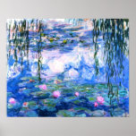Monet Pink Water Lilies  Poster<br><div class="desc">A Monet pink water lilies poster featuring beautiful pink water lilies floating in a calm blue pond with lily pads. A great Monet gift for fans of impressionism and French art. Serene nature impressionism with lovely flowers and scenic pond landscape.</div>