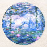 Monet Pink Water Lilies  Round Paper Coaster<br><div class="desc">A Monet pink water lilies paper coaster featuring beautiful pink water lilies floating in a calm blue pond with lily pads. A great Monet gift for fans of impressionism and French art. Serene nature impressionism with lovely flowers and scenic pond landscape.</div>