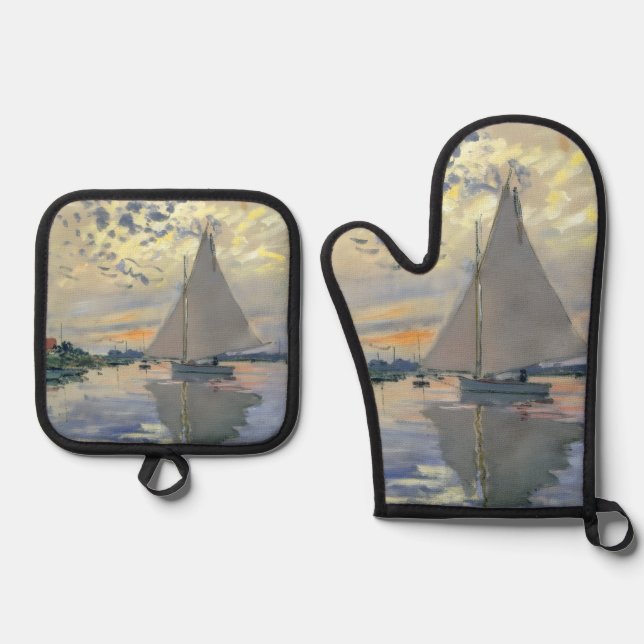 Monet Sailboat French Impressionism Classic Art Oven Mitt & Pot Holder Set (Front)