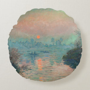 Monet Sunset on the Seine Fine Art Impressionism Round Cushion