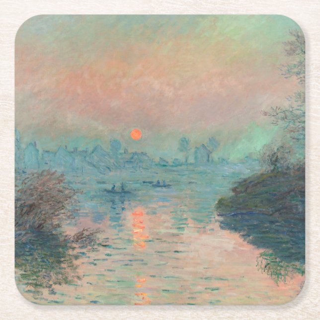 Monet Sunset Seine Fine Art Impressionism  Square Paper Coaster (Front)