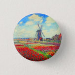 Monet Tulips Windmill 3 Cm Round Badge<br><div class="desc">Button featuring Claude Monet’s flower and windmill painting. Beautiful and colourful fields of red,  pink,  and yellow tulips next to a windmill and house in Holland. A great Monet gift for fans of impressionism and French art.</div>