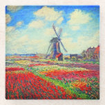 Monet Tulips Windmill Glass Coaster<br><div class="desc">Glass Coaster featuring Claude Monet’s flower and windmill painting. Beautiful and colourful fields of red,  pink,  and yellow tulips next to a windmill and house in Holland. A great Monet gift for fans of impressionism and French art.</div>