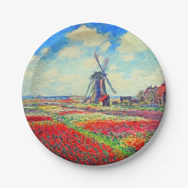Monet Tulips Windmill Paper Plate (Front)
