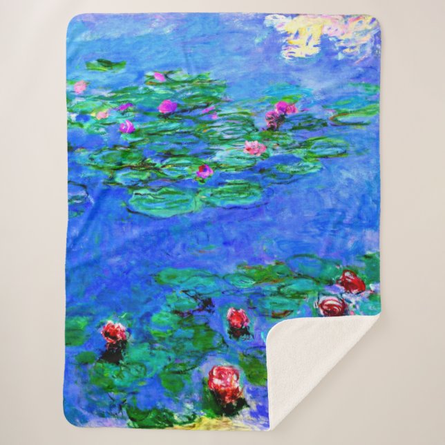 Monet - Water Lilies (red) Sherpa Blanket (Front)