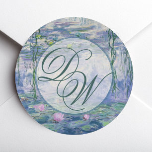 Monet Water Lilies Wedding Monogram Elegant Floral Classic Round Sticker