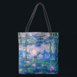 Monet Water Lilies with Pond Reflections Tote Bag<br><div class="desc">Water Lilies is a beautiful water lily pond water reflections French Impressionism flower painting by artist, Claude Monet, started in 1916 and completed in 1919. The painting shows his garden pond with lily pads and weeping willow tree leaves bordering the sides of the painting. Clouds in the blue sky above...</div>