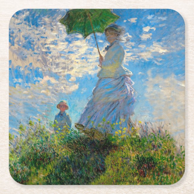 Monet Woman Parasol Impressionism Square Paper Coaster (Front)