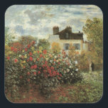 Monet's Garden at Argenteuil by Claude Monet Square Sticker<br><div class="desc">The Artist's Garden in Argenteuil (A Corner of the Garden with Dahlias) (1873) by Claude Monet is a vintage impressionism fine art floral nature painting. A country farm house is in the background. A couple in love is walking past a romantic spring season garden with blooming roses and other flowers....</div>