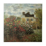 Monet's Garden at Argenteuil by Claude Monet Tile<br><div class="desc">The Artist's Garden in Argenteuil (A Corner of the Garden with Dahlias) (1873) by Claude Monet is a vintage impressionism fine art floral nature painting. A country farm house is in the background. A couple in love is walking past a romantic spring season garden with blooming roses and other flowers....</div>