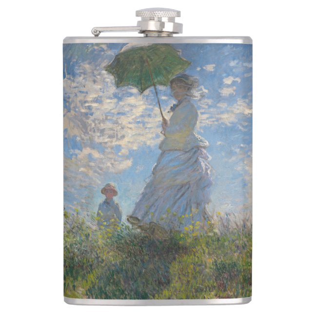 Monet's Woman with Parasol,Impressionist Landscape Hip Flask (Front)