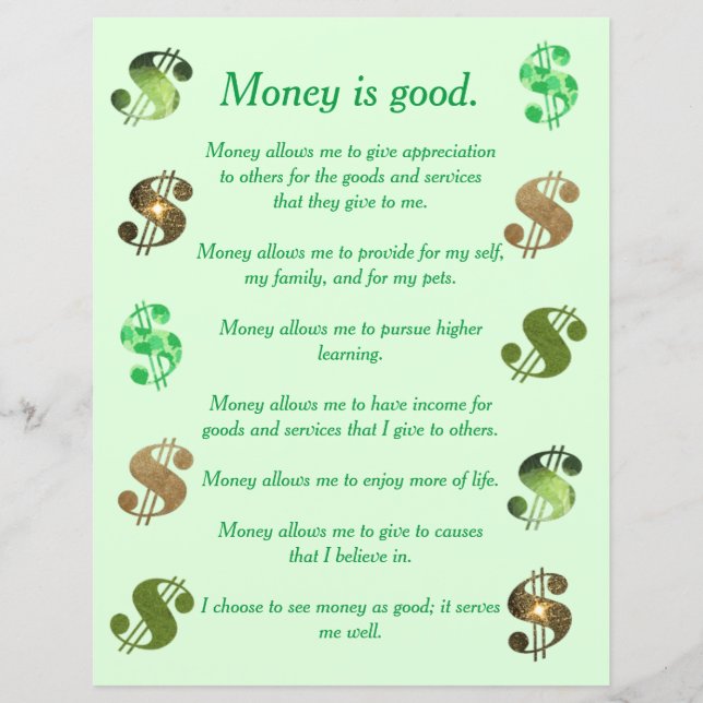 Money is good, List of Affirmations (Front)