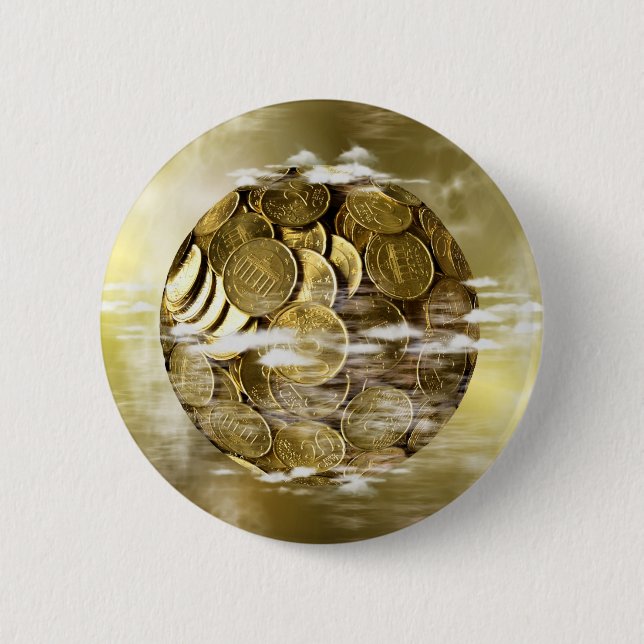 Money makes the world go around, money globe gold 6 cm round badge (Front)