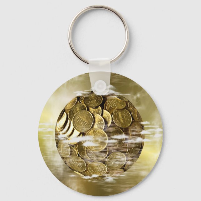 Money makes the world go around, money globe gold key ring (Front)