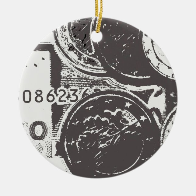 Money makes the world go round ceramic tree decoration (Front)