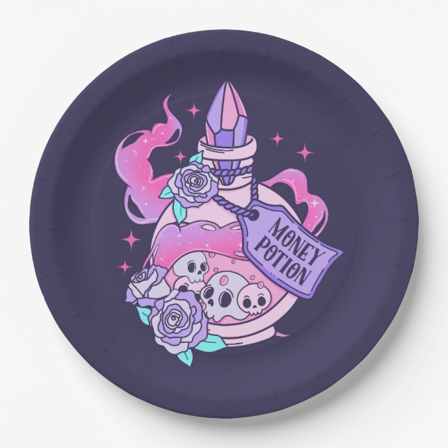 Money Potion Cute Pink Halloween Potion Bottle Paper Plate (Front)