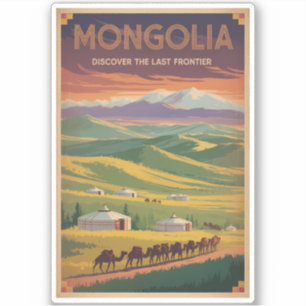 Mongolia Camels Yurt Illustration Travel Art Retro