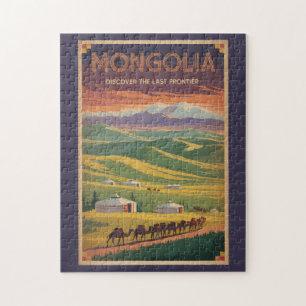 Mongolia Camels Yurt Illustration Travel Art Retro Jigsaw Puzzle