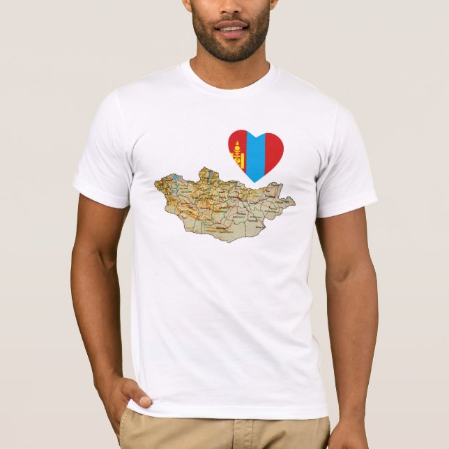 Mongolia Flag Heart and Map T-Shirt (Front)