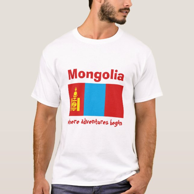Mongolia Flag + Map + Text T-Shirt (Front)