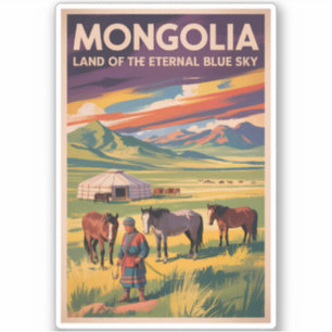 Mongolia Horses Yurt Illustration Travel Art Retro