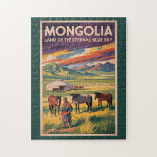 Mongolia Horses Yurt Illustration Travel Art Retro Jigsaw Puzzle