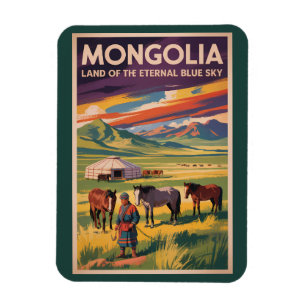 Mongolia Horses Yurt Illustration Travel Art Retro Magnet