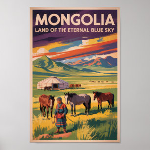 Mongolia Horses Yurt Illustration Travel Art Retro Poster