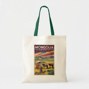 Mongolia Horses Yurt Illustration Travel Art Retro Tote Bag