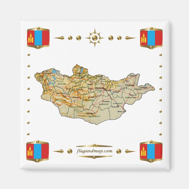 Mongolia Map + Flags Magnet (Front)