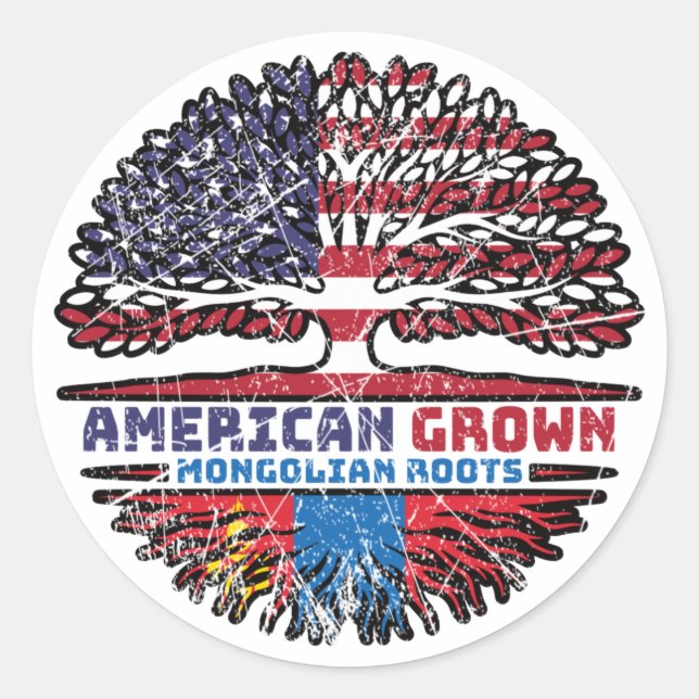 Mongolia Mongolian American USA Tree Roots Flag Classic Round Sticker (Front)