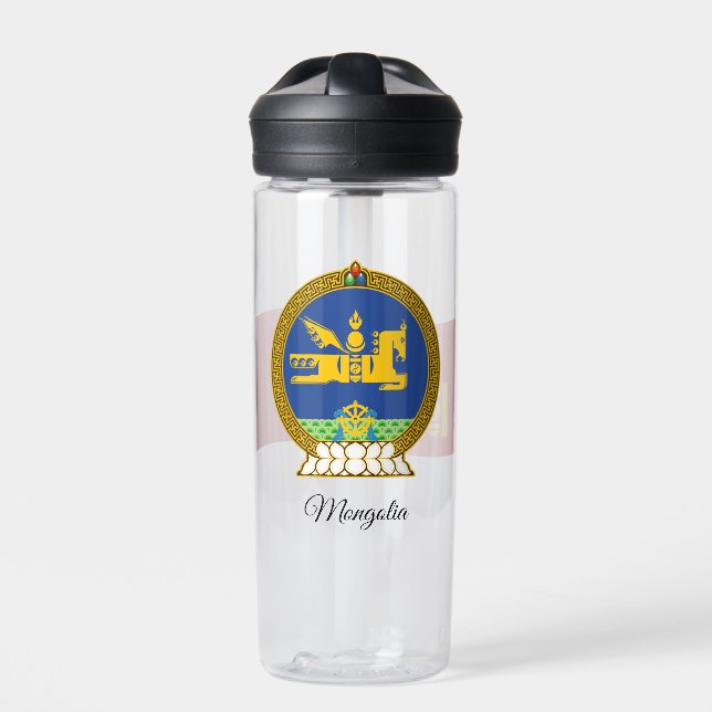 Mongolian Coat of Arms, Flag, Mongolia Water Bottle (Front)
