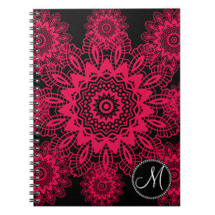 Mongram Black Hot Pink Fuchsia Lace Snowflake Spiral Notebook