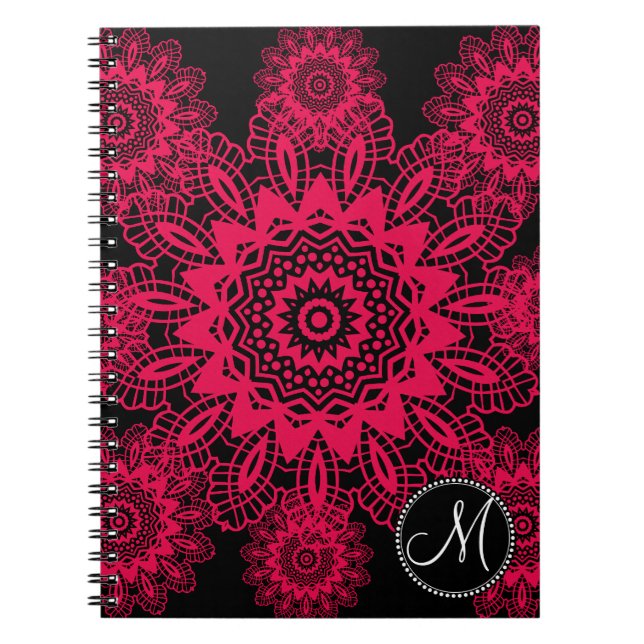 Mongram Black Hot Pink Fuchsia Lace Snowflake Spiral Notebook (Front)