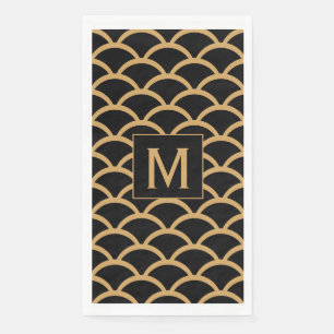 Mongram Gold, Black Art Deco Fish Scale Pattern  Napkin