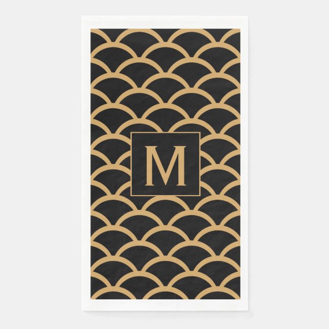 Mongram Gold, Black Art Deco Fish Scale Pattern  Napkin (Front)
