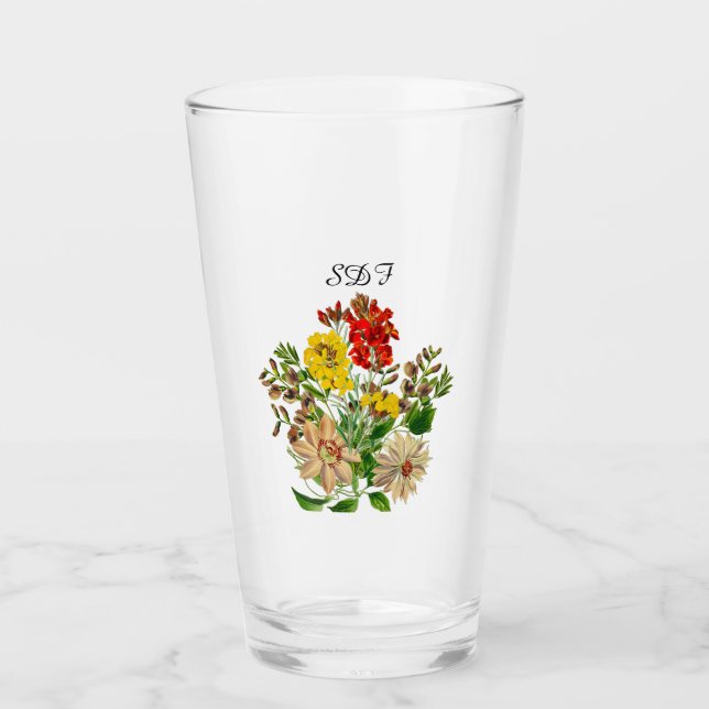 Mongram Vintage Flower Bouquet Glass Cup (Front)