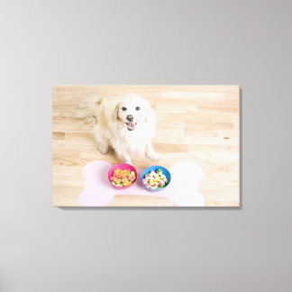 mongrel sitting in front of two bowls with dog canvas print
