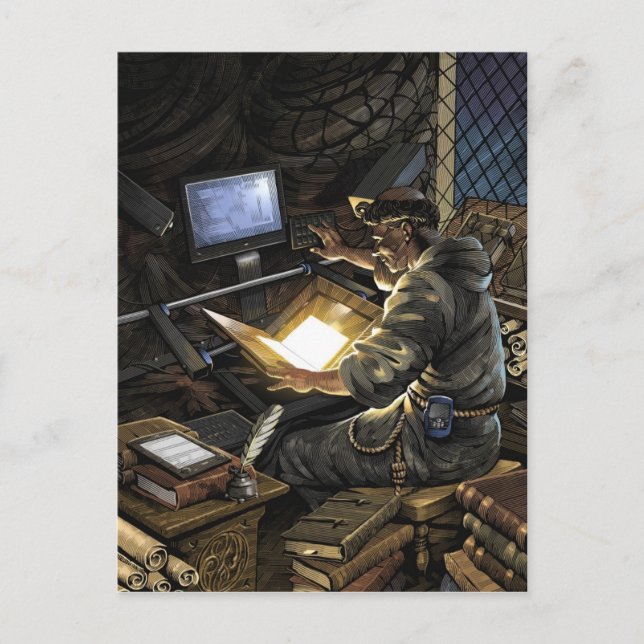 Monk with Book Scanner Postcard (Front)
