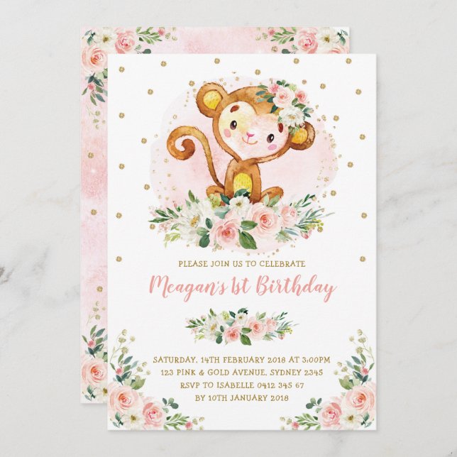 Monkey 1st Birthday Blush Pink Floral Wild One Invitation (Front/Back)