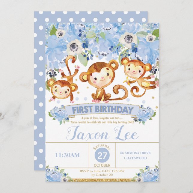 Monkey 1st Birthday Invitation Boy Blue Floral (Front/Back)