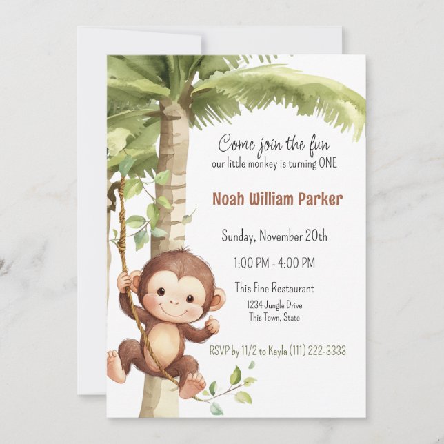 Monkey 1st Birthday Jungle Invitation (Front)