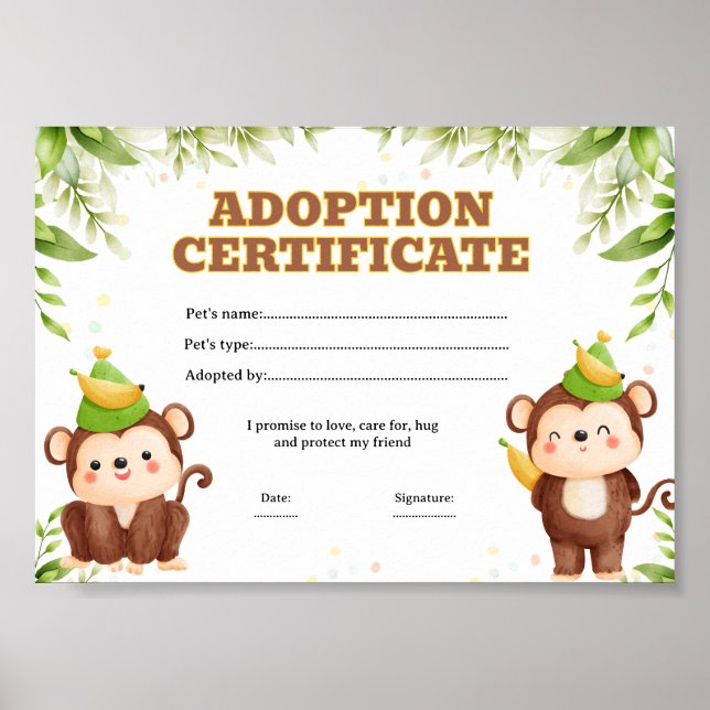 Monkey adopt a pet colouring certificate poster (Front)