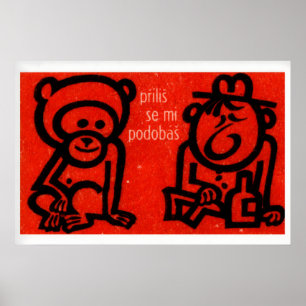 Monkey and Drunk Man Matchbox Art Print, Czech Poster