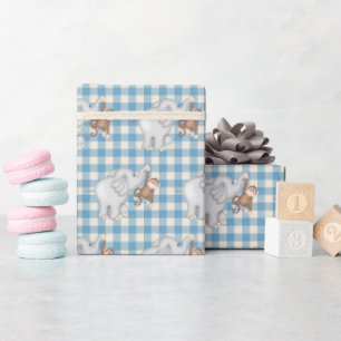 Monkey and Elephant On Gingham Wrapping Paper
