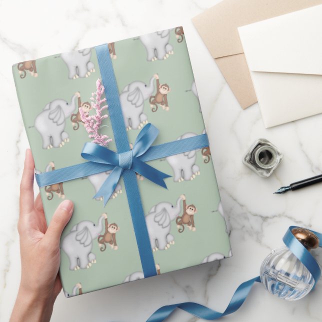 Monkey and Elephant On Sage Wrapping Paper (Gifting)