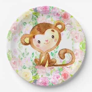 Monkey and flowers girl baby shower paper plates. paper plate